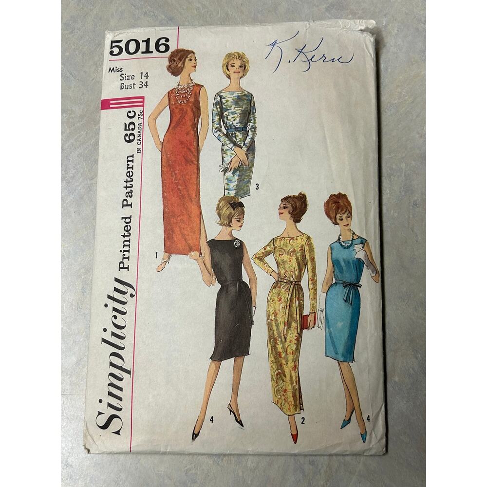 Vintage 1960's Simplicity Pattern #5016 One Piece Shift Dress‎ Miss Size 14
